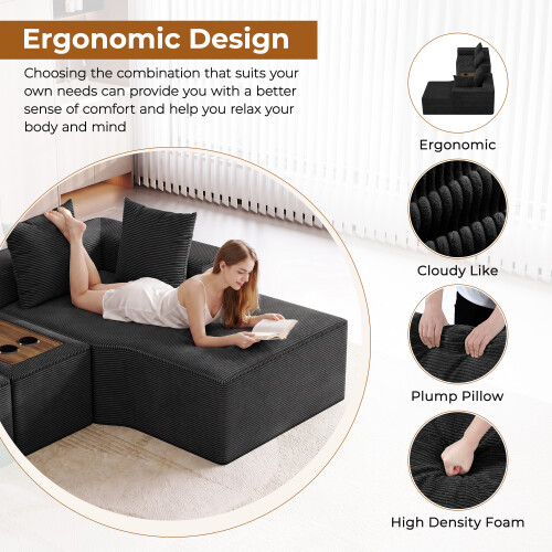 Corduroy Right L-Shaped Modular Sofa With Cup Holder, Black 2