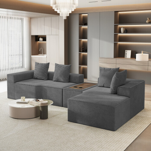 Corduroy Right L-Shaped Modular Sofa With Cup Holder, Grey 1