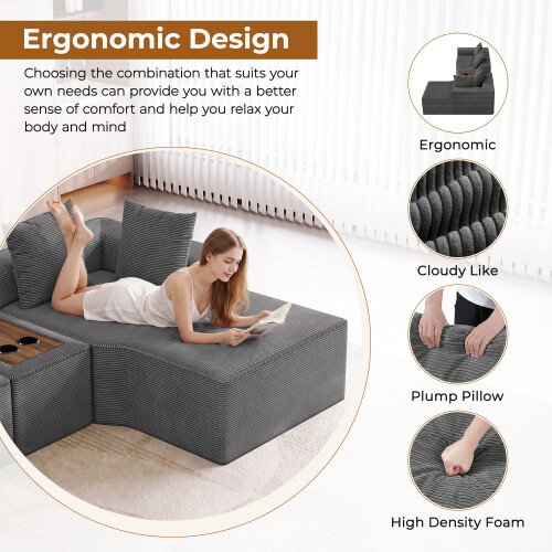 Corduroy Right L-Shaped Modular Sofa With Cup Holder, Grey 2