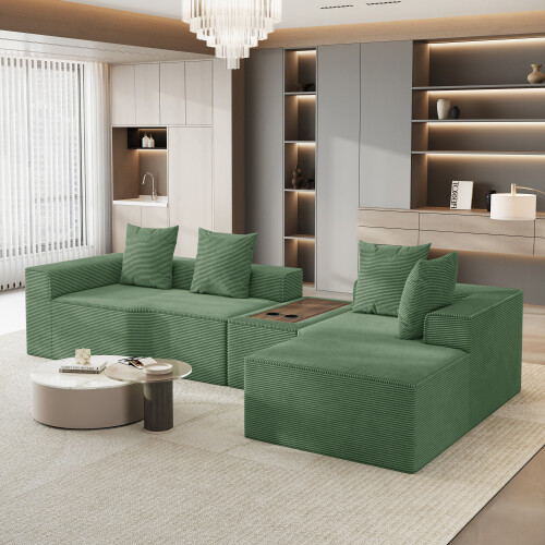 Corduroy Right L-Shaped Modular Sofa With Cup Holder, Green 1