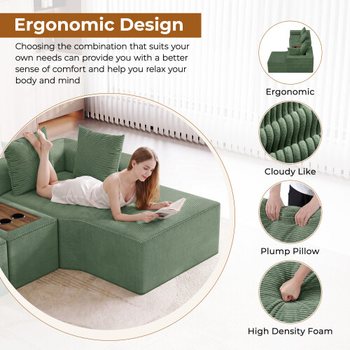 Corduroy Right L-Shaped Modular Sofa With Cup Holder, Green 2