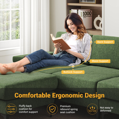 Convertible Sectional Couch Chenille 4 Seater L-Shaped Sofa Set Green 2