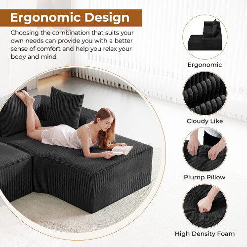 Corduroy Right L-Shaped Modular Sofa Black 2
