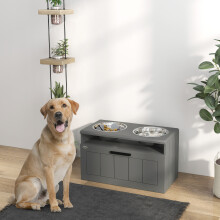 (Grey) PawHut Raised Dog Bowl, Elevated Dog Bowls with Slow Feeder Mat