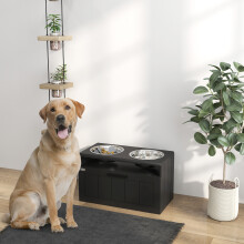 (Black) PawHut Raised Dog Bowl, Elevated Dog Bowls with Slow Feeder Mat