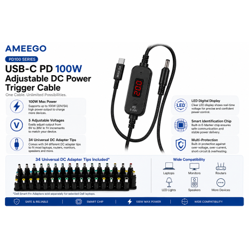USB-C PD to DC 5.5x2.1mm 100W Adjustable Voltage Trigger Cable 1