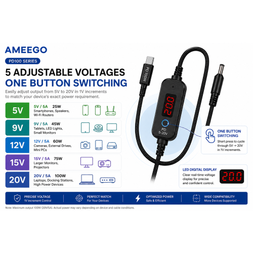 USB-C PD to DC 5.5x2.1mm 100W Adjustable Voltage Trigger Cable 2