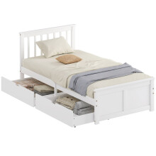 Wooden Single Bed Frame, with Drawers - White