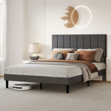 (Small Double) Levede Upholstered Linen Bed Frame with Padded Headboard & Wooden Slats – Dark Grey