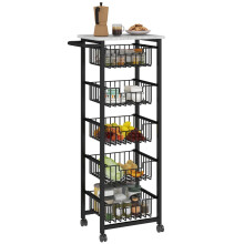 Five Basket Mobile Kitchen Island, with Brakes - Grey/Black