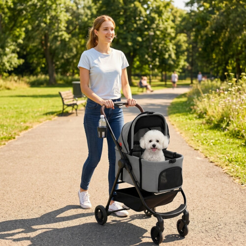 3-in-1 Foldable Dog Stroller with Carrier & Basket 2