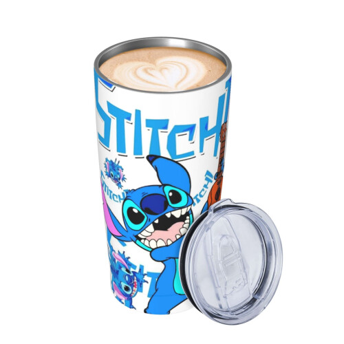 Ποτήρι καφέ ταξιδιού Cartoon Stitch 20Oz από ανοξείδωτο ατσάλι, αδιάβροχο με καλαμάκι και 2
