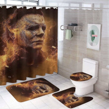 Ensemble de salle de bain Michael Myers quatre pièces comprenant tapis antidérapants, housse de couvercle de toilette souple, rideau de douche