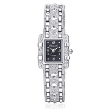 (Black)Square Dial Watch With Quartz Movement Alloy Strap Set Rhinestone Silver Color