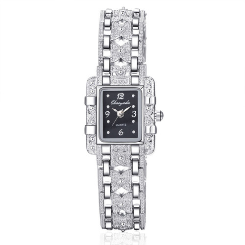 (Black)Square Dial Watch With Quartz Movement Alloy Strap Set Rhinestone Silver Color