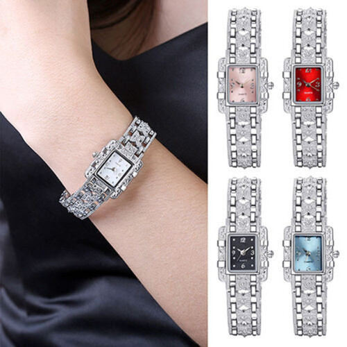 (Red)Square Dial Watch With Quartz Movement Alloy Strap Set Rhinestone Silver Color 2