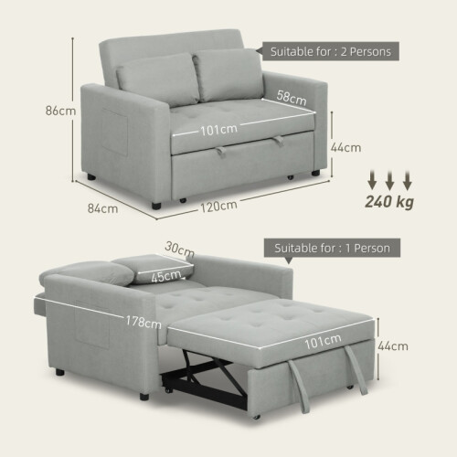 Loveseat Sofa Bed, Light Grey, 2 Pillows & Pockets 2