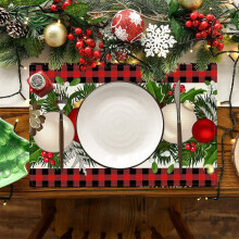 Quinlirra Uitverkoop Kerstplacemats met buffelruitpatroon, 12x18 inch, set van 4, aquarel kerstboom, wasbare feestelijke tafelmatten