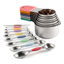 Ensemble de 16 Tasses et Cuillères à Mesurer Magnétiques en Acier Inoxydable, 7 Tasses Robustes, 8 Cuillères Double Face avec Niveleur Multicolore