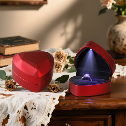 Red Heart-Shaped Engagement Ring Box with LED Light - PU EVA Proposal Gift 2