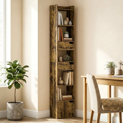 Tall Narrow 5-Tier Bookcase with Drawers 1