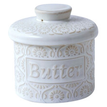 1pc Retro White Glaze Butter Jar with Lid, Home Relief Ceramic Butter Jar, Cheese Storage Jar, Halloween Festival Gift