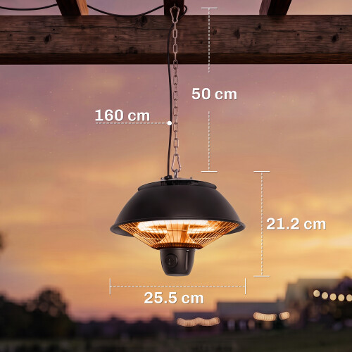 Outsunny Outsunny 600W Electric Heater Ceiling Hanging Halogen Light w/ Hook Chain Black 2