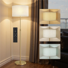 Floor Lamp w/ Remote, Height Adjustable Standing Lamp, Linen Shade, Dimmable 3000K-6000K, Foot Switch for Living Room & Bedroom, Gold Tone