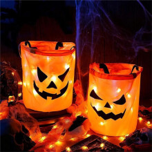 LED Lamp Halloween Bucket Pumpkin Candy Bag Foldable Halloween Basket Suitable for Thanksgiving Gifts B