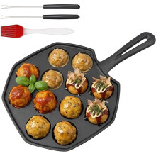 Poêle à Takoyaki en Fonte 12 Trous Aebleskiver avec Fourchettes et Brosse, Résistant au Four
