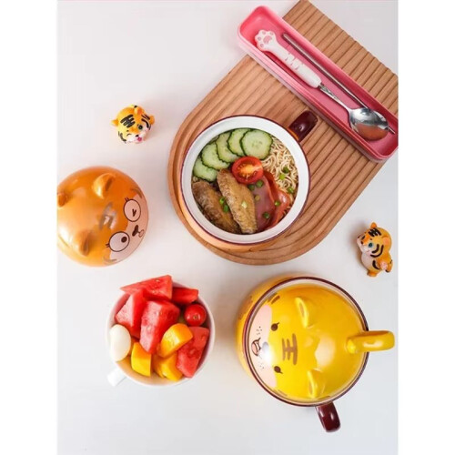 Large Ceramic Noodle Bowl with Lid - Easy Clean, High Capacity, Ideal for Dormitory Use, Includes Handle A