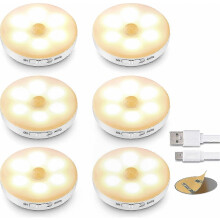 Paquete de 6 luces LED con sensor de movimiento, funciona con pilas recargables con tira magnética adhesiva para gabinet