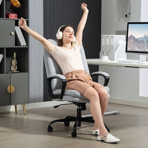 (LIGHT GREY, Linen) Double Padded Linen-Look Office Chair - Light Grey 1