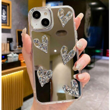 Compatibel voor iPhone 15 hoesje met spiegelafwerking 3D gegalvaniseerde liefdespatroon harde pc telefoon achterkant