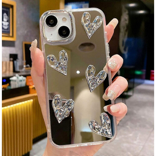Compatible For iPhone 15 Case Mirror Finish 3D Electroplated Love Pattern Hard PC Phone Back Cover