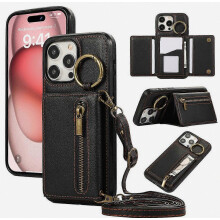 Compatibel voor iPhone 15 Pro Max Leren achterkant Rits Portemonnee Standaard Telefoonhoesje met schouderband