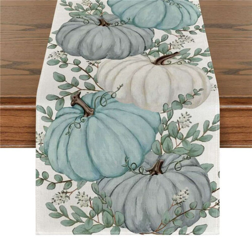 2X Fall Eucalyptus Leaves Pumpkins Table Runner, Autumn Thanksgiving Kitchen Dining Table Decoration for Indoor A 2