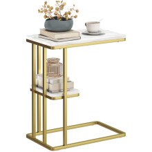 C-Shaped Narrow Side Table, 2-Tier Slim End Table, Nightstand for Small Spaces, Living Room, Bedroom, White Marble Grain