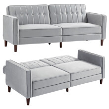Modern Convertible Sofa Futon Velvet-Touch Tufted Couch Compact Loveseat with Adjustable Split Back, Light Grey