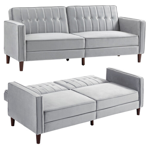 Modern Convertible Sofa Futon Velvet-Touch Tufted Couch Compact Loveseat with Adjustable Split Back, Light Grey