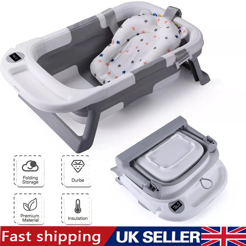 Foldable Baby Bath Tub Ergonomic with Temperature & Cushion Bath Pad + Bath Net