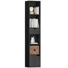 6-Tier Bookcase, Tall Narrow Bookshelf with Drawer and Door - Black