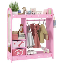 Kids Clothes Rail, Kids Wardrobe with Mirror, Shelves, Fabric Storage and Hooks for Bedroom, Nursery, Pink