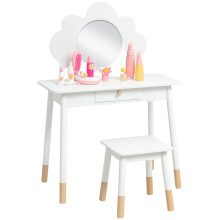 Kids Dressing Table with Mirror, Stool, Drawer, Cloud Design, White