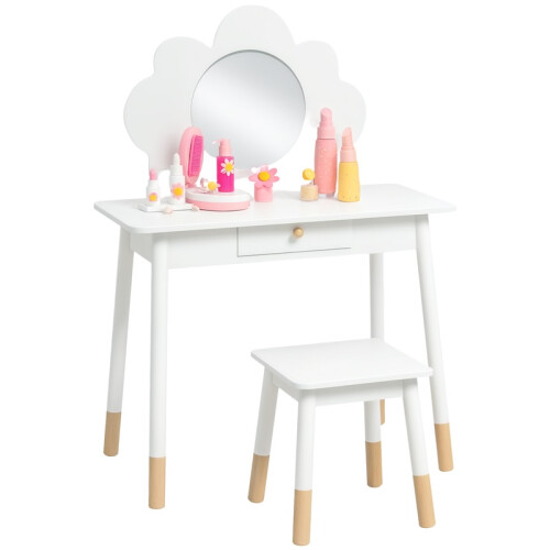 Kids Dressing Table with Mirror, Stool, Drawer, Cloud Design, White