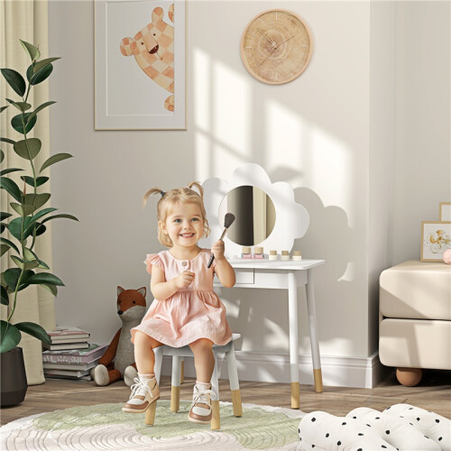 Kids Dressing Table with Mirror, Stool, Drawer, Cloud Design, White 2