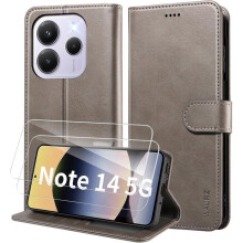 Étui Portefeuille - TECHTA - pour Xiaomi Redmi Note 14 5G - 2 Verres Trempés - Pochette Fermeture Magnétique Cuir PU - Gris