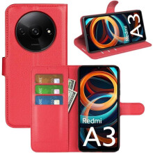 Housse étui portefeuille - ACUZINA - Redmi A3 - Simili cuir PU rouge - Porte-cartes - Support magnétique