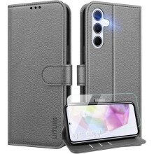 Étui Portefeuille - TECHTA - pour Samsung Galaxy A35 5G - 1 Verre Trempé - Pochette Fermeture Magnétique Cuir PU - Gris