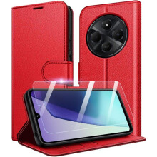Étui Portefeuille - TECHTA - pour Xiaomi Redmi 14C - Verre Trempé Inclus - Pochette Fermeture Magnétique Cuir PU - Rouge